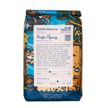 Load image into Gallery viewer, Back of Pacific Flyway coffee bag from Water Avenue Coffee with colorful design and text on a white background
